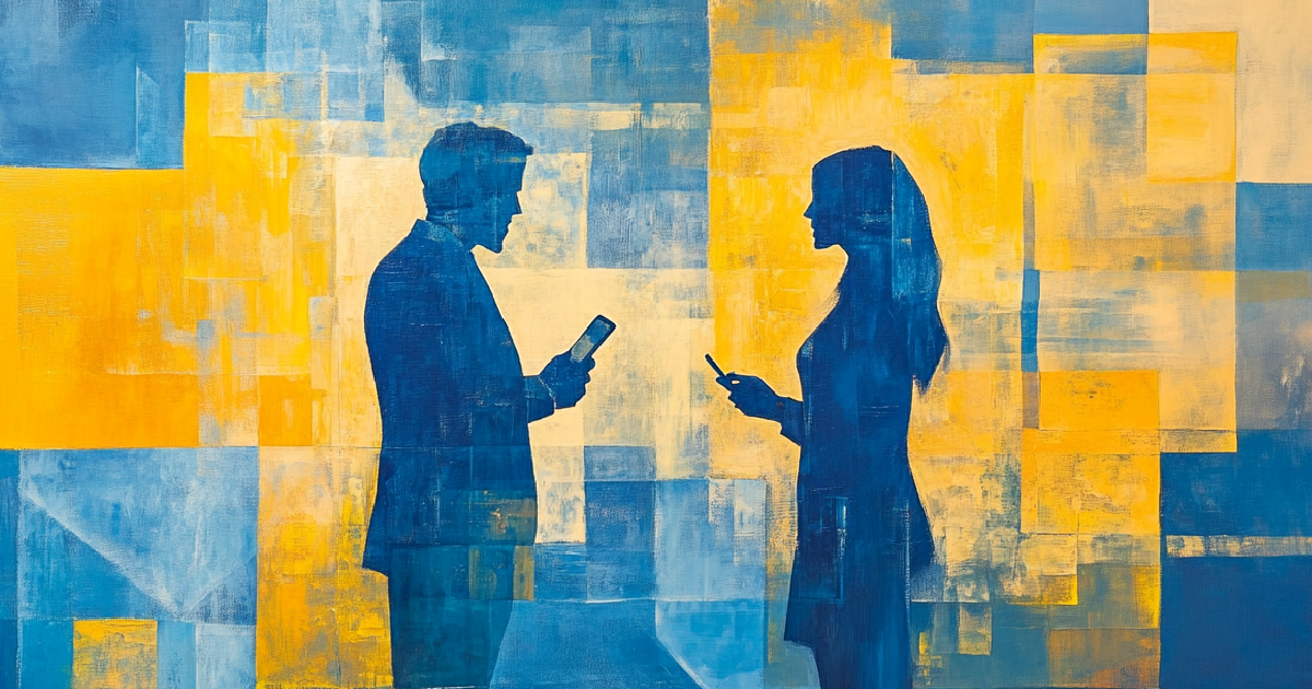 Silhouettes of a man and a woman facing each other with their phones in their hands against an abstract background.