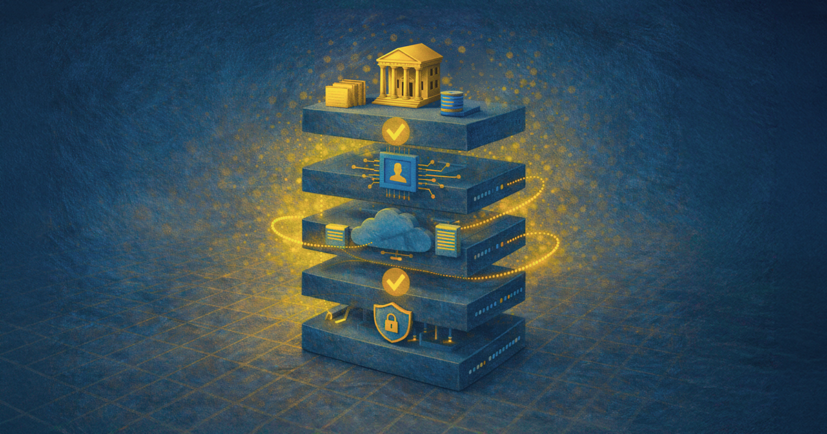 An illustration of technology and data stacked with legal iconography
