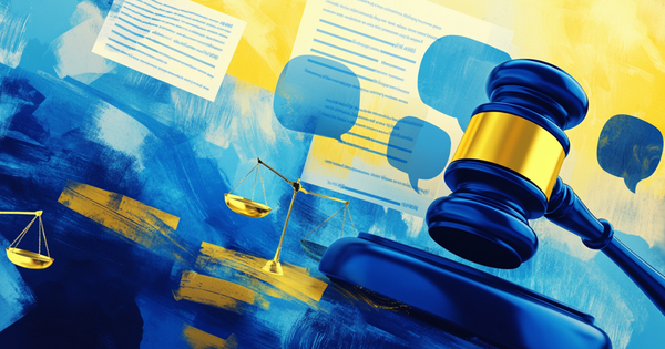 A judge's gavel and legal scales against legal transcripts and conversation bubbles